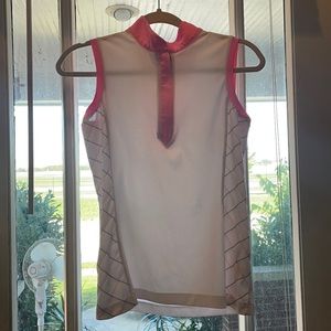 EP Pro white with pink & green mock neck sleeveless polo